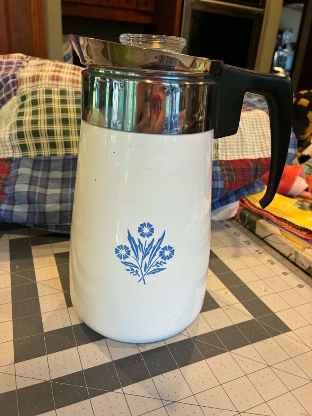 Corning Blue Flower 9 cup Percolator with parts, as pictured